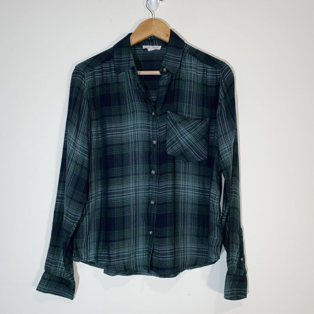 BeachLunchLounge Women's Button Down XS Green Plaid Flannel Boho Soft Kawaii